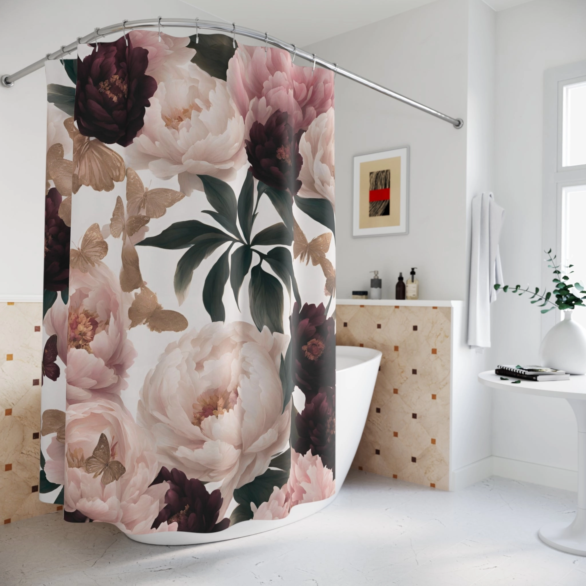 Floral  Shower Curtain | Burgundy Blush Pink, Beige Butterflies