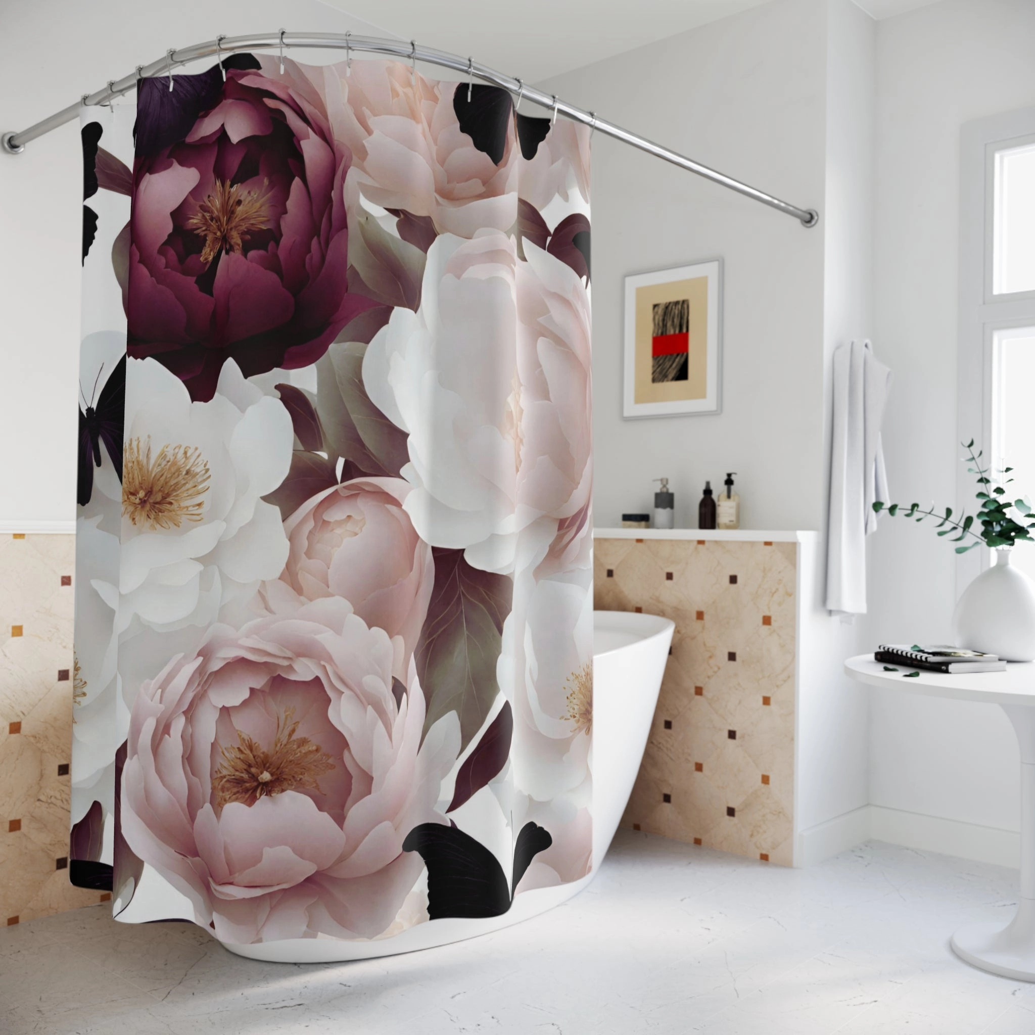 Floral  Shower Curtain | Burgundy White Blush Roses