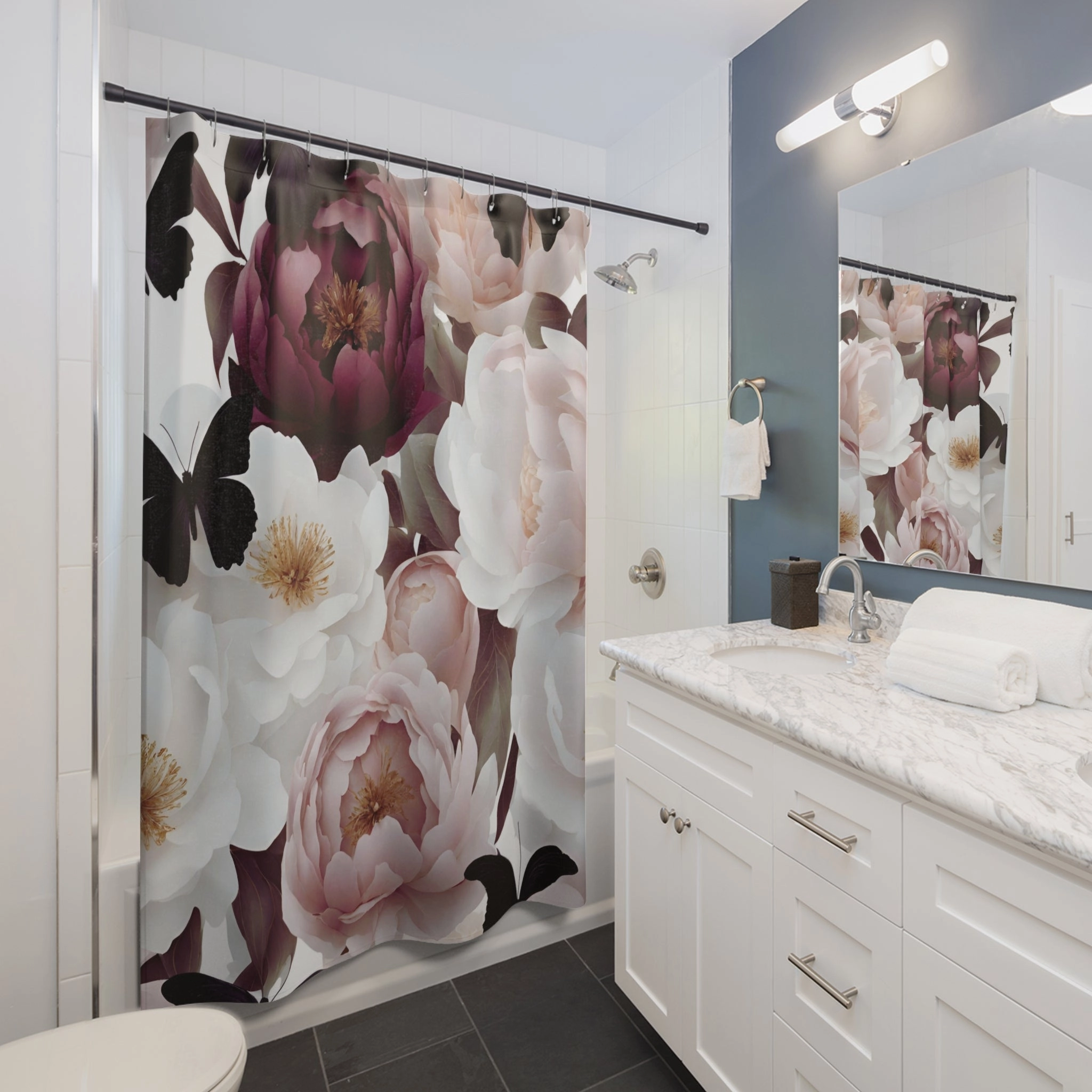 Floral  Shower Curtain | Burgundy White Blush Roses