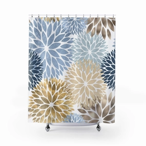 Floral Shower Curtain | Dhalia Blue, Beige, Gold Lighting,Home Lighting