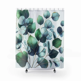 Floral Shower Curtain | Forest Green, Pale Blue Eucalyptus Leavea Lighting,Home Lighting
