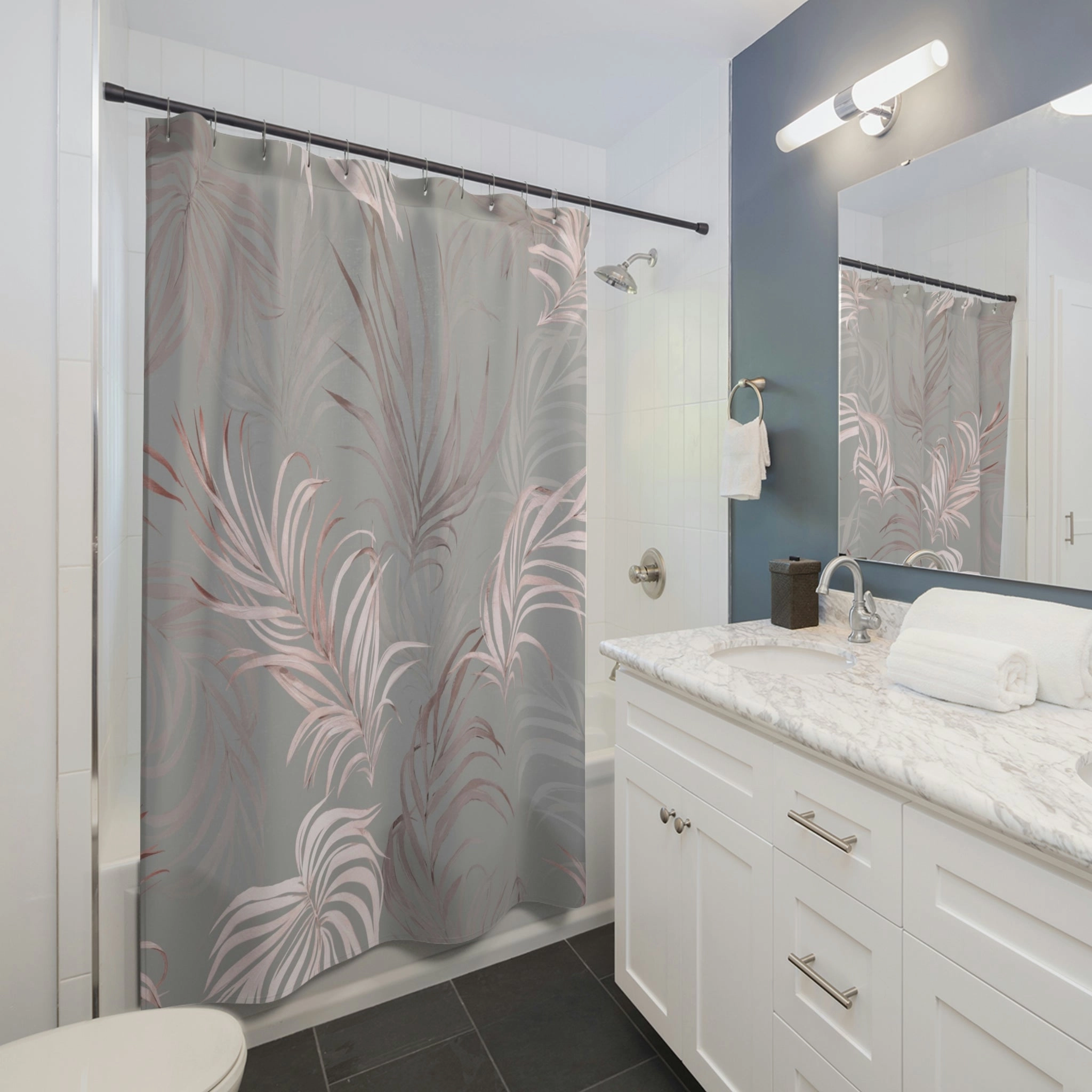 Floral Shower Curtain | Gray Blush Pink Wild Palm Leaves