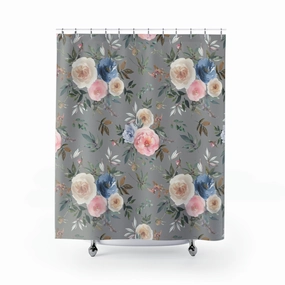 Floral Shower Curtain | Gray Pastel Pink, Blue Ivory Roses Botanical Lighting,Home Lighting