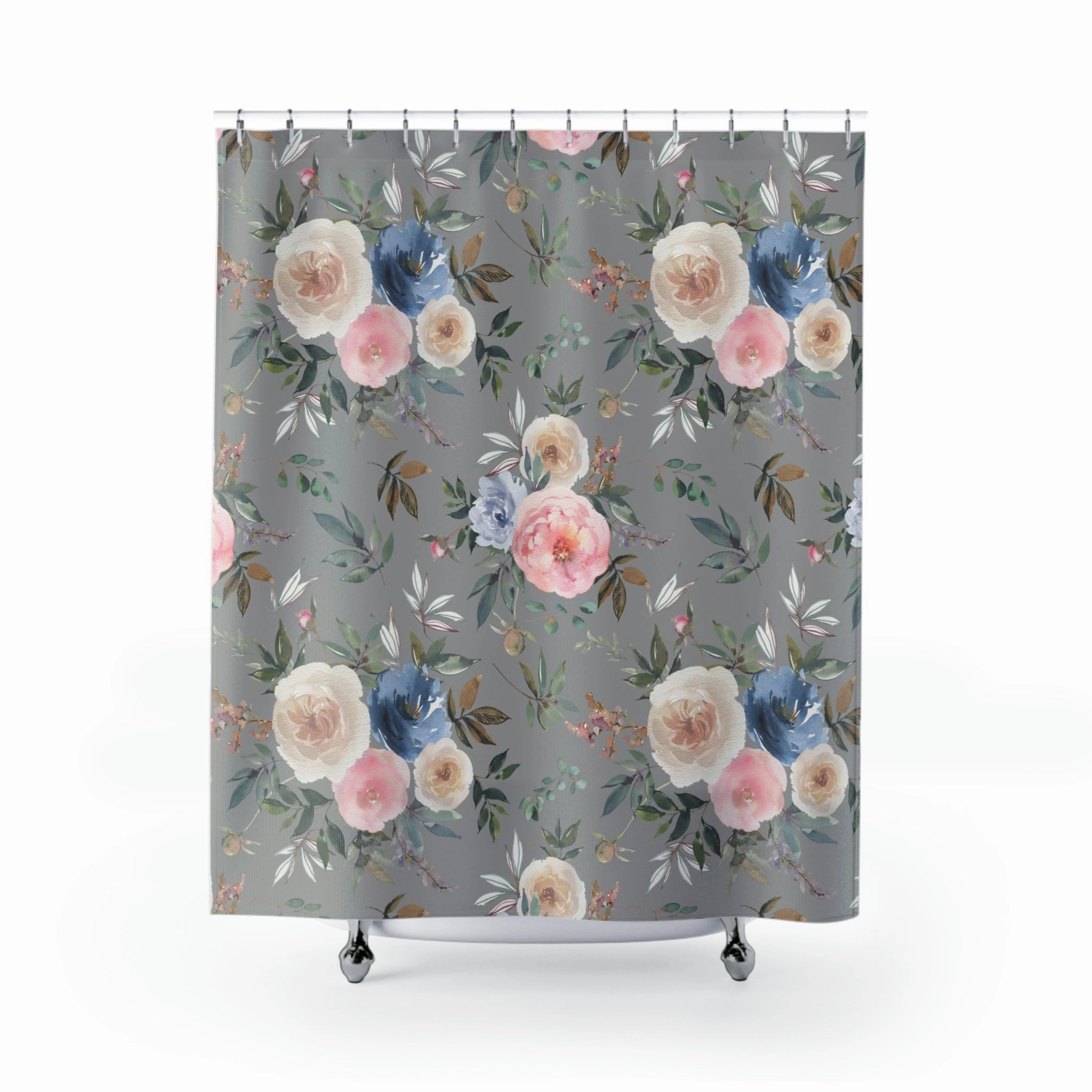 Floral Shower Curtain | Gray Pastel Pink, Blue Ivory Roses Botanical Lighting,Home Lighting