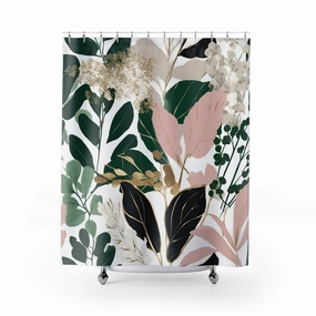 Floral Shower Curtain | Green, Black Pink Leaves Lighting,Home Lighting