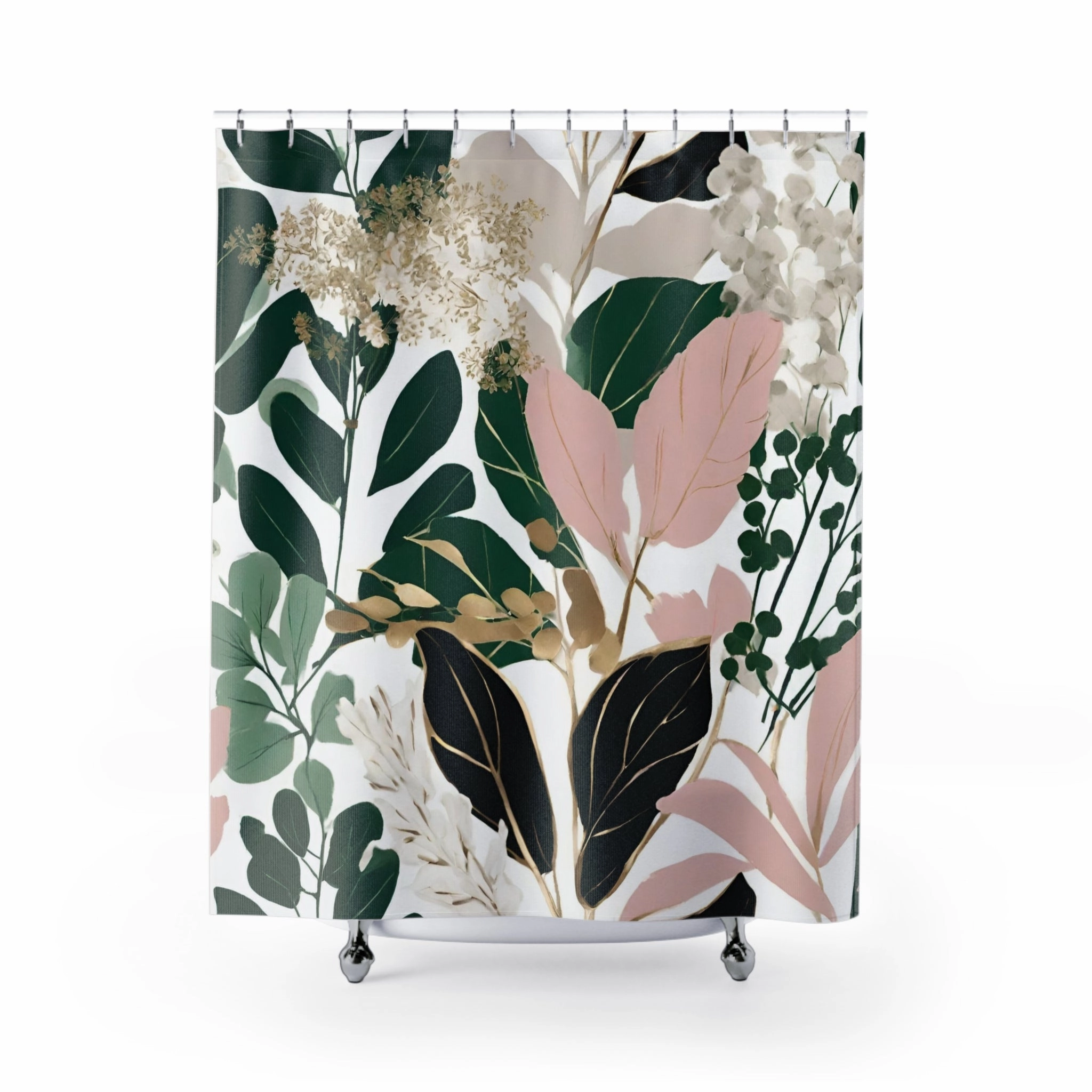 Floral Shower Curtain | Green, Black Pink Leaves Lighting,Home Lighting