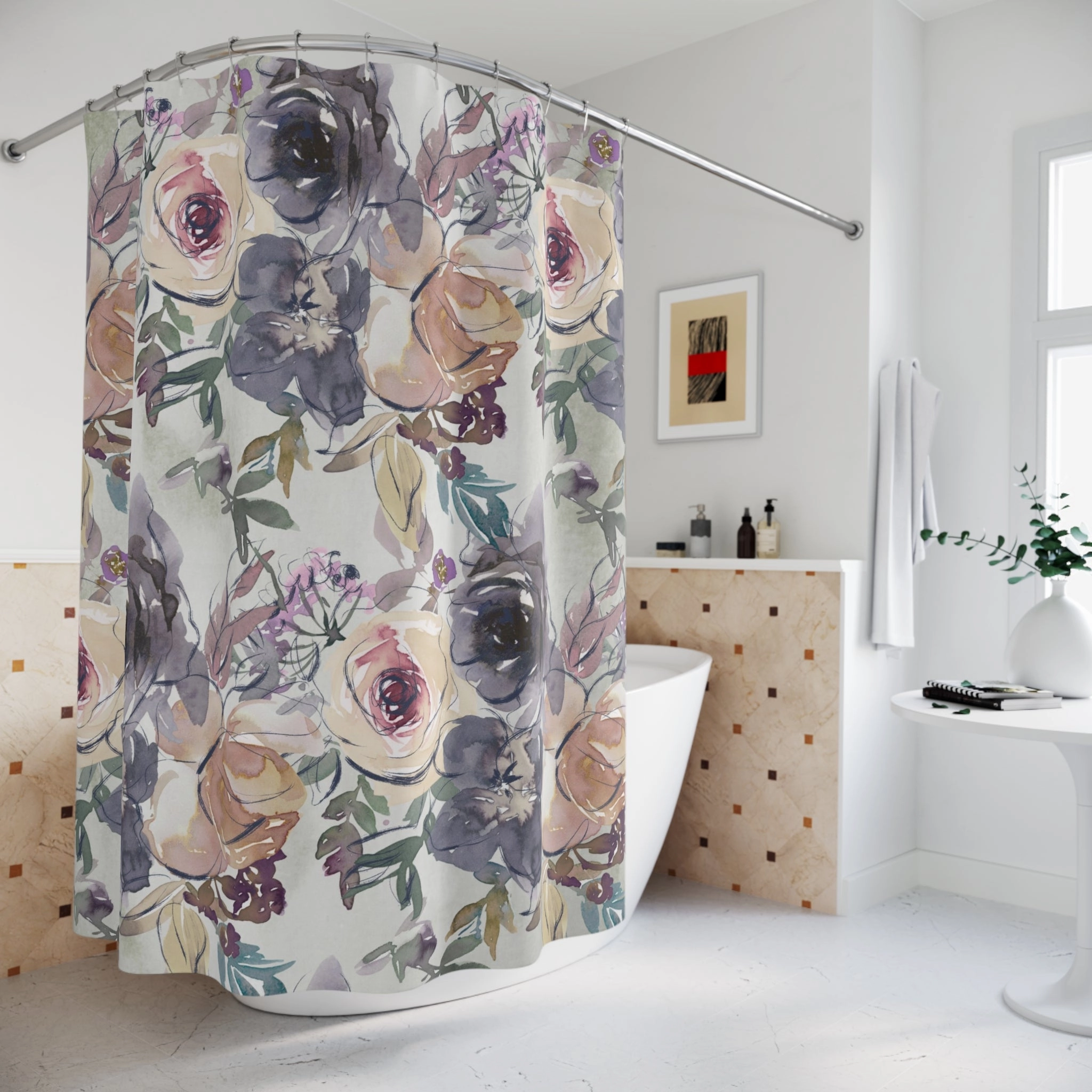 Floral Shower Curtain | Grey Beige, Blue
