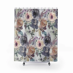 Floral Shower Curtain | Grey Beige, Blue Lighting,Home Lighting