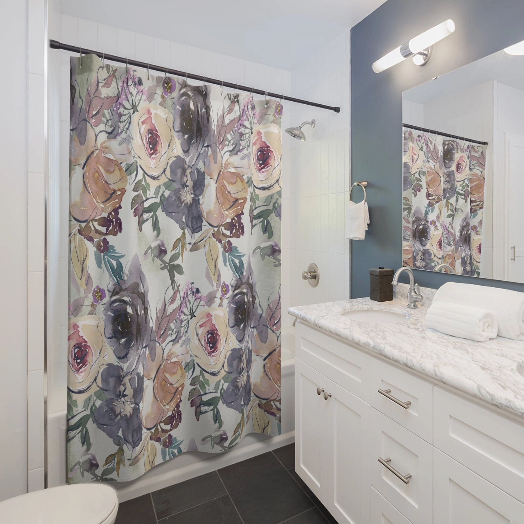 Floral Shower Curtain | Grey Beige, Blue
