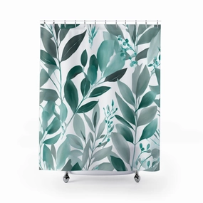 Floral Shower Curtain | Jungle Leaves, Teal Green, White Grey Lighting,Home Lighting