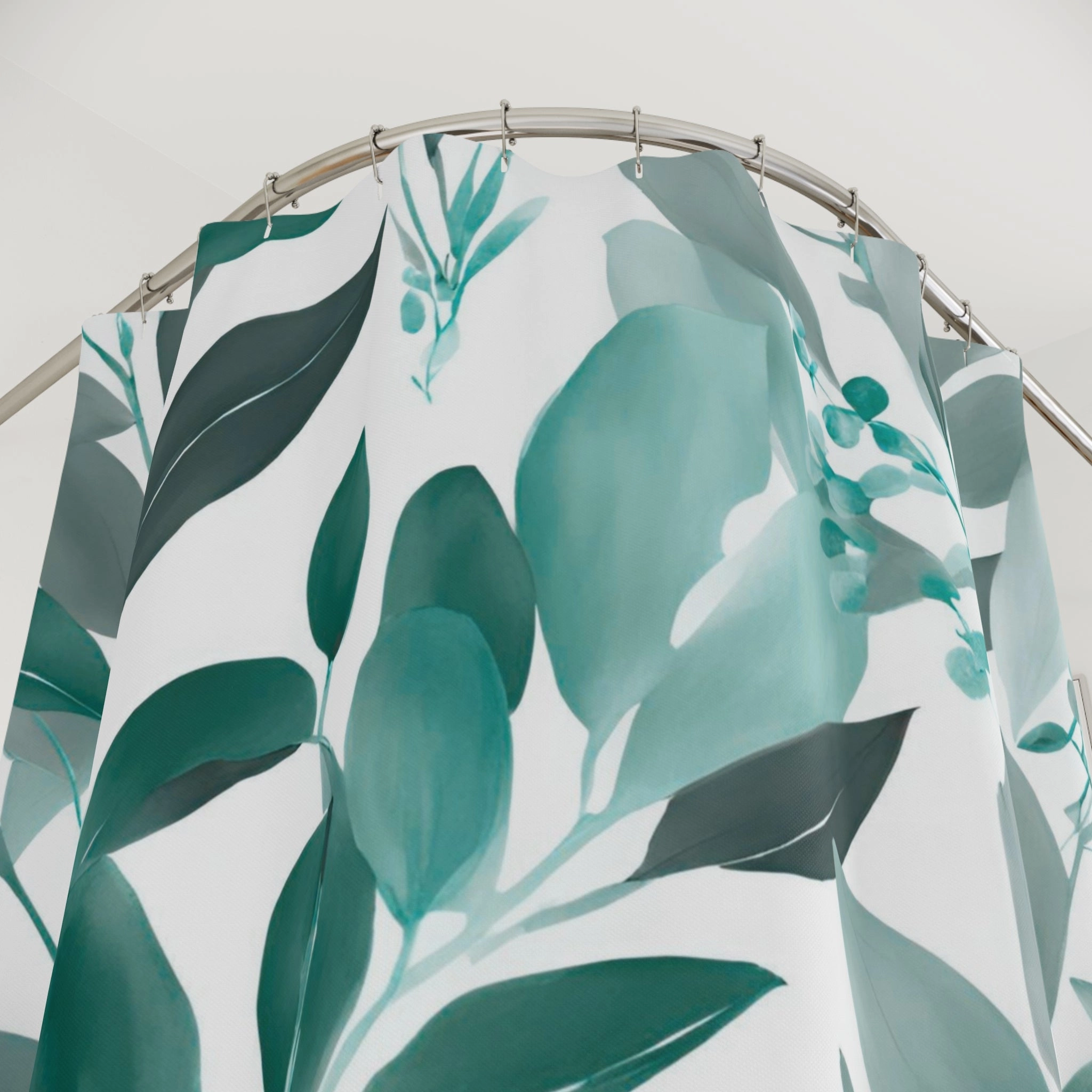 Floral Shower Curtain | Jungle Leaves, Teal Green, White Grey
