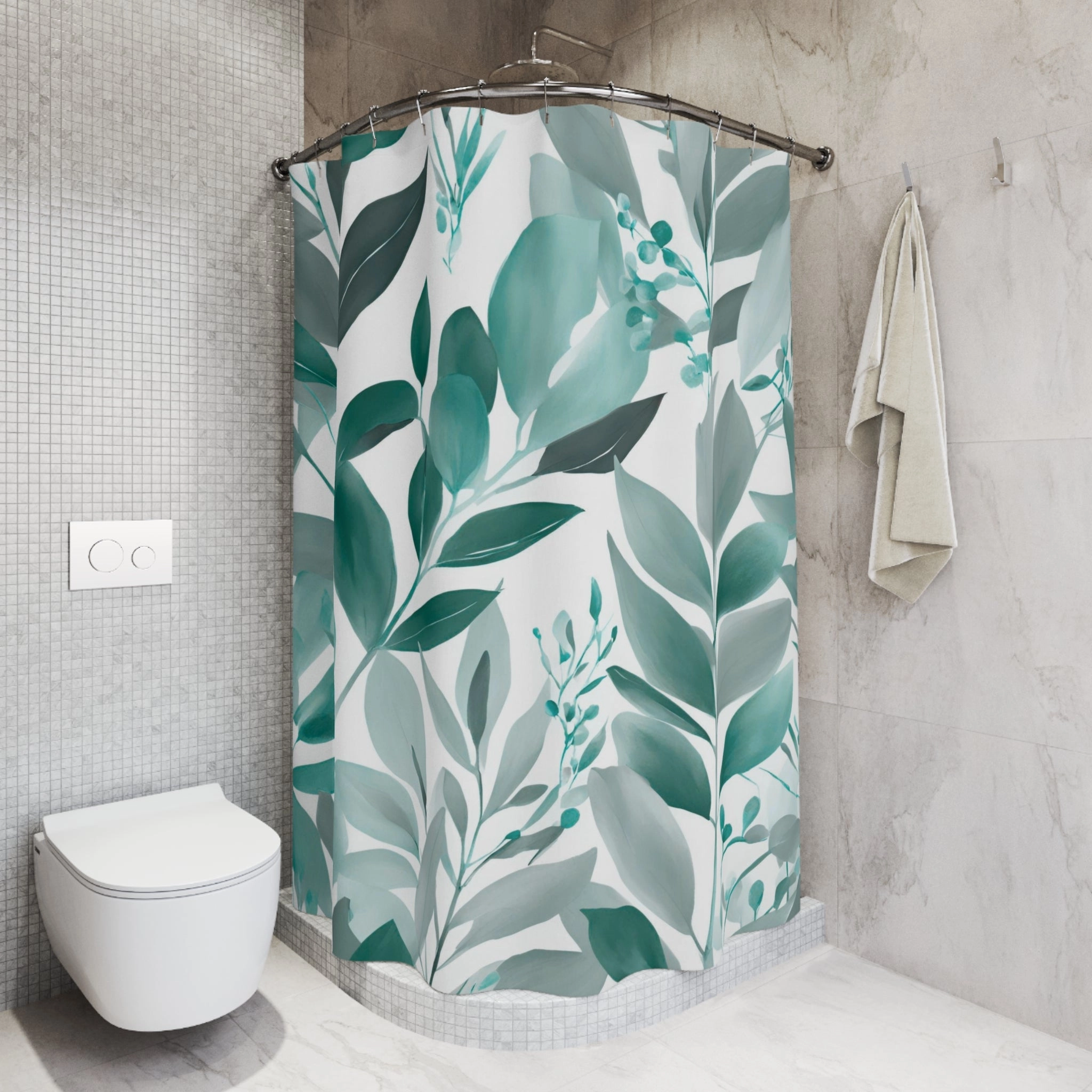 Floral Shower Curtain | Jungle Leaves, Teal Green, White Grey
