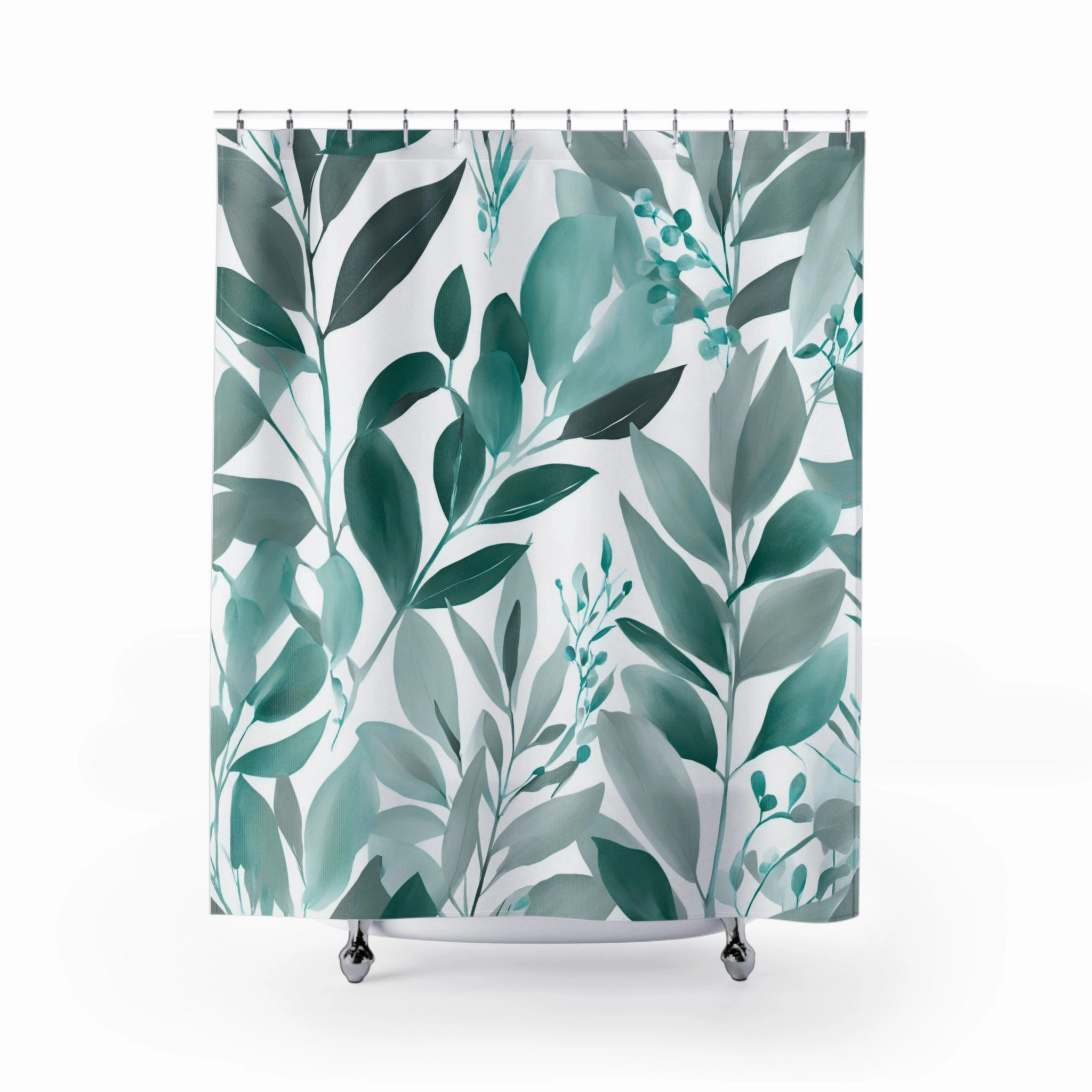 Floral Shower Curtain | Jungle Leaves, Teal Green, White Grey Lighting,Home Lighting