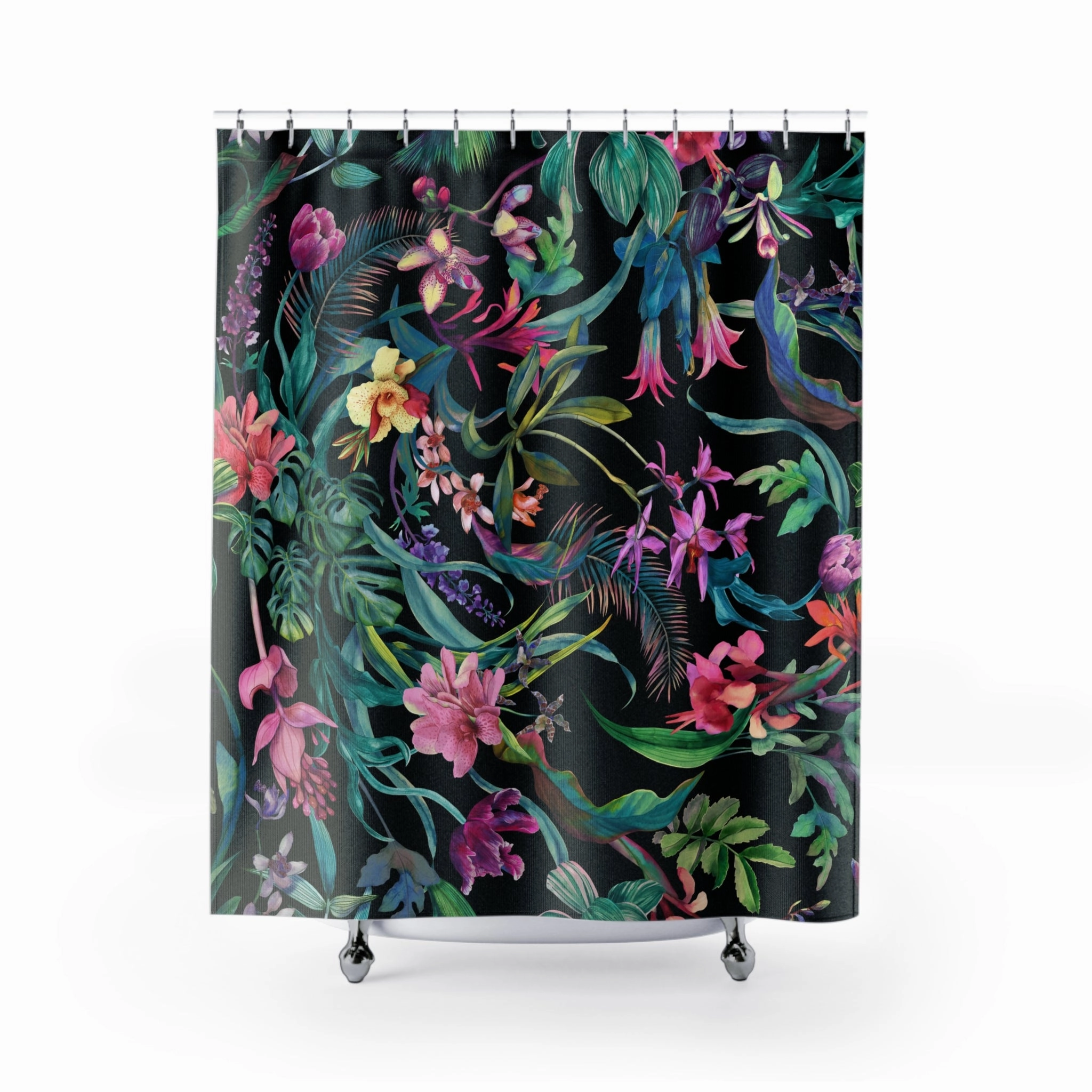 Floral Shower Curtain | Jungle Tropical Curtain, Black Green Pink Lighting,Home Lighting