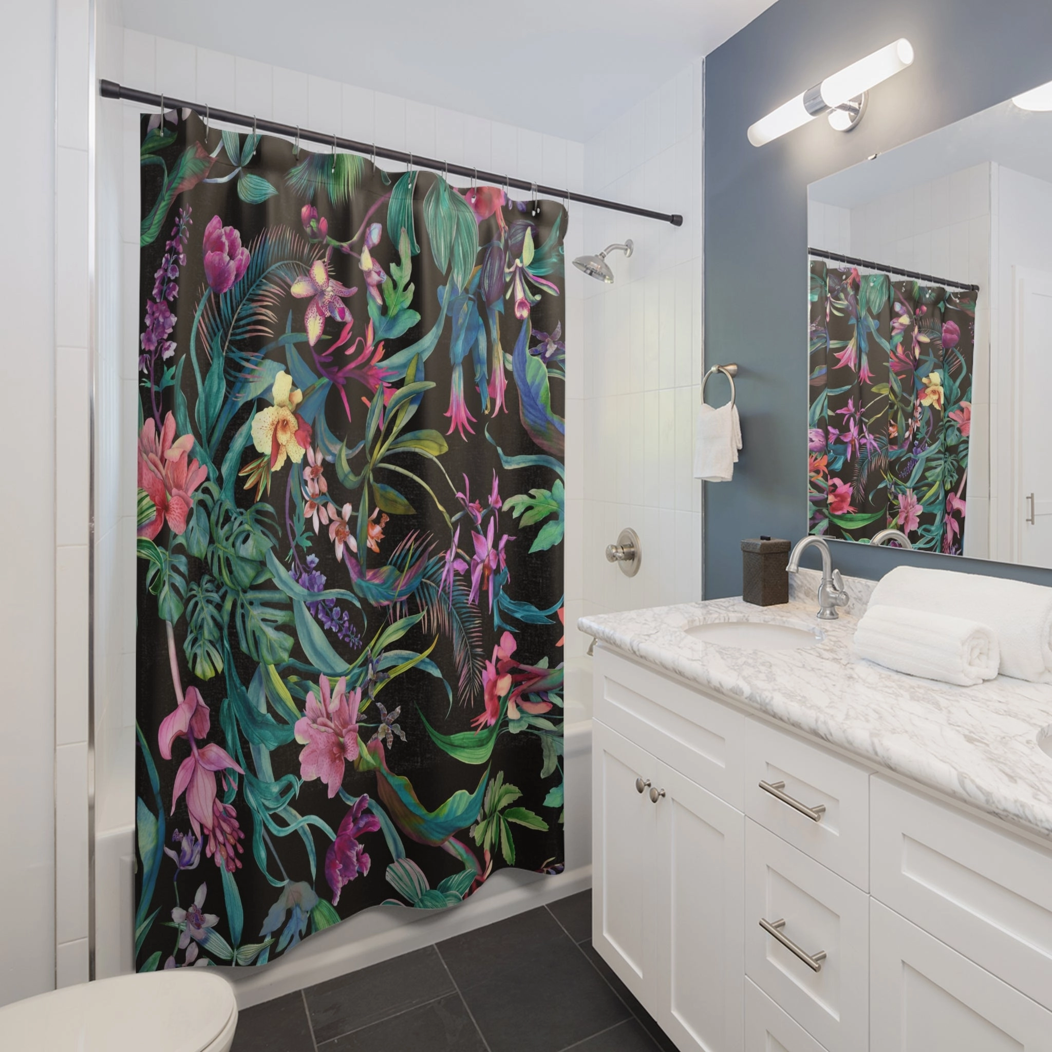 Floral Shower Curtain | Jungle Tropical Curtain, Black Green Pink