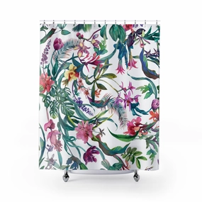 Floral Shower Curtain | Jungle Tropical Curtain, White Green Pink Lighting,Home Lighting