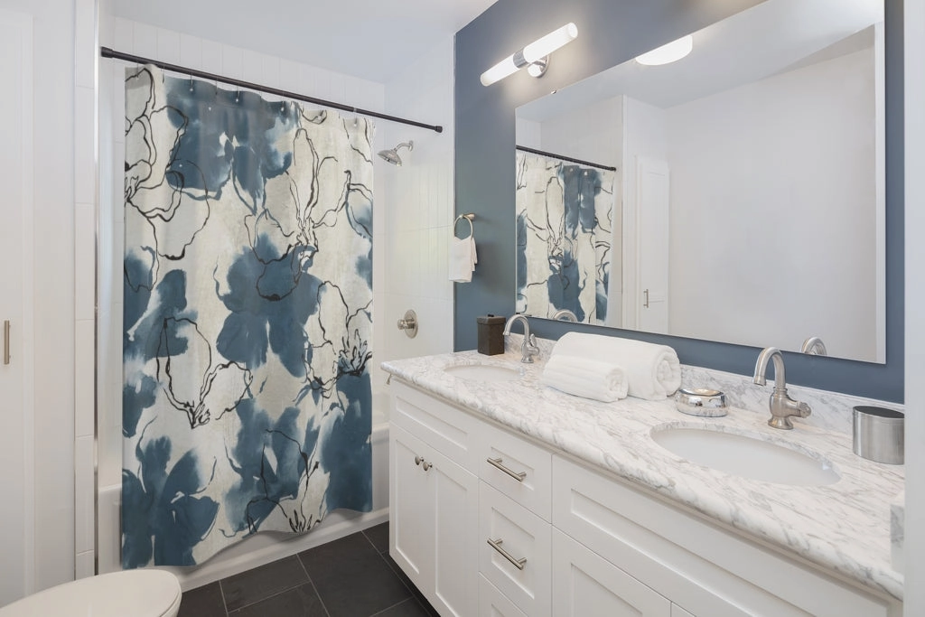 Floral Shower Curtain | Navy Blue White