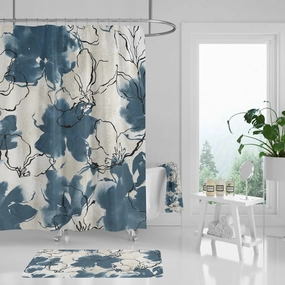 Floral Shower Curtain | Navy Blue White Lighting,Home Lighting