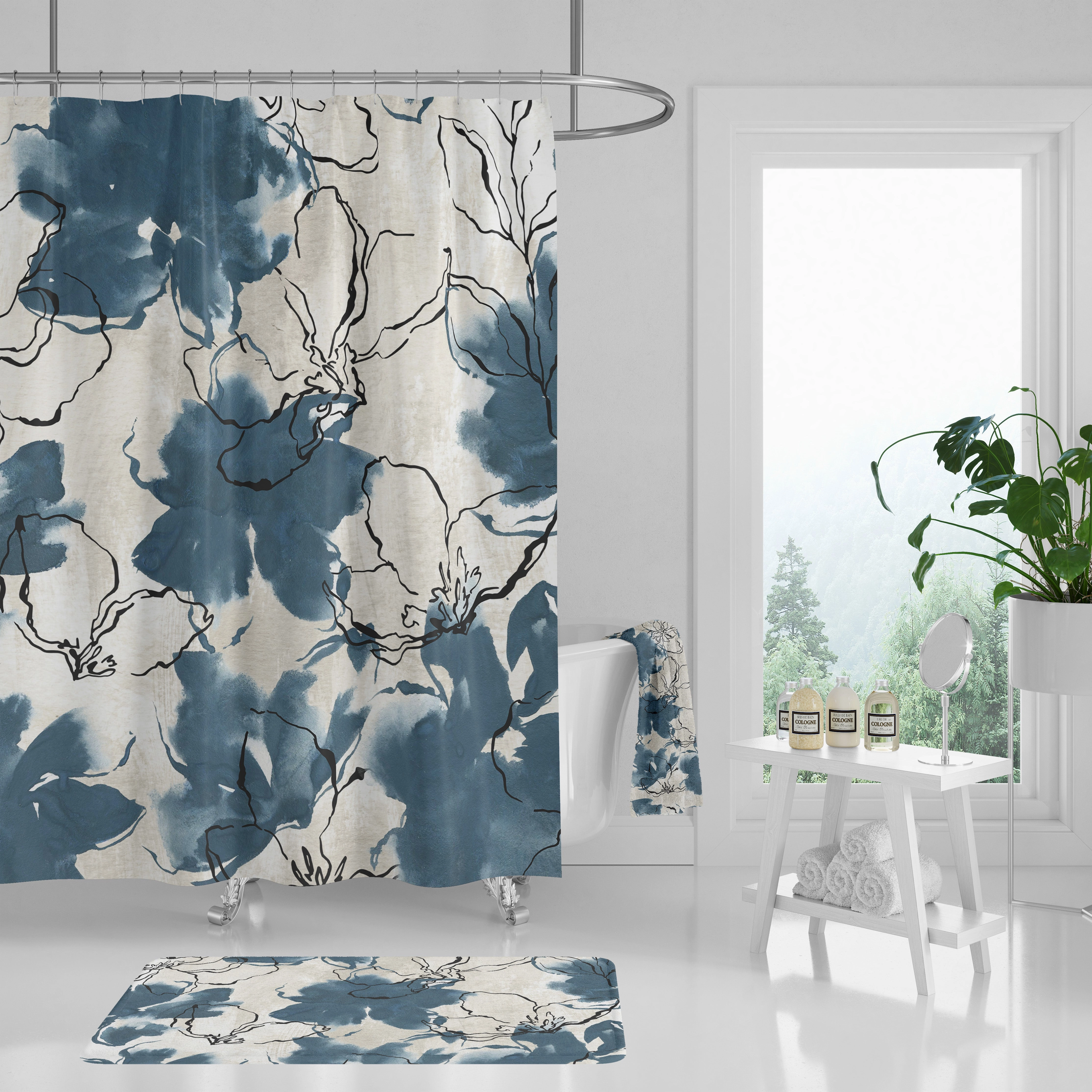 Floral Shower Curtain | Navy Blue White Lighting,Home Lighting