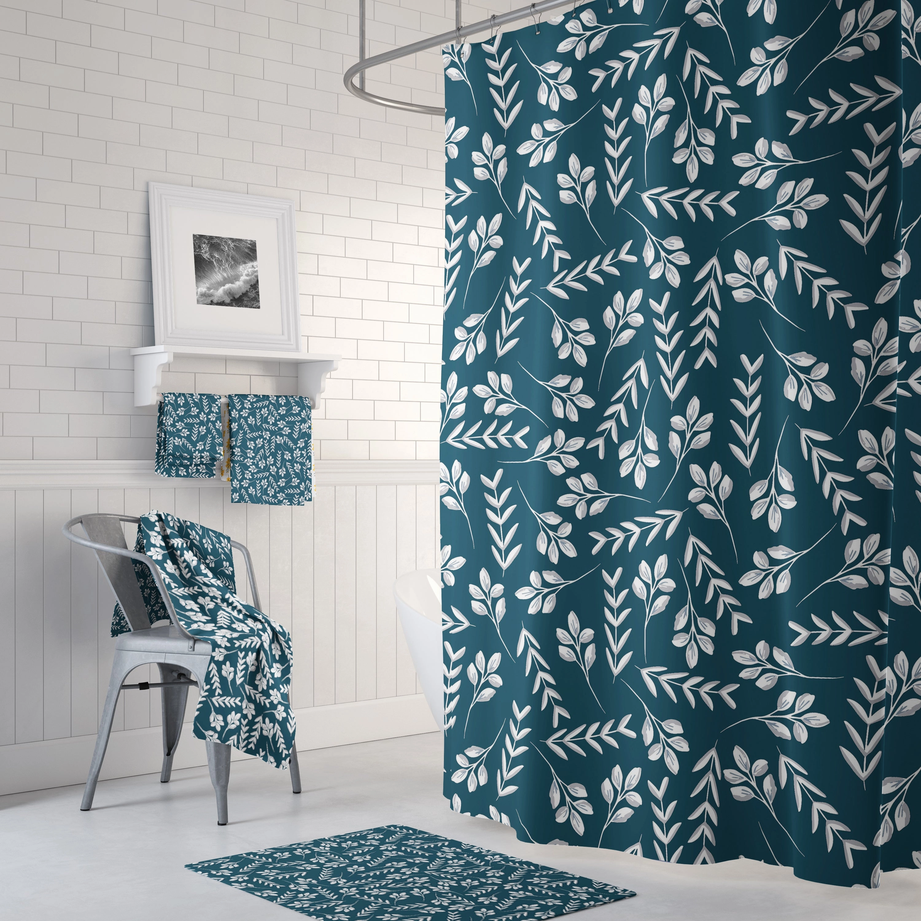 Floral Shower Curtain | Navy White Minimalist Botanical Lighting,Home Lighting