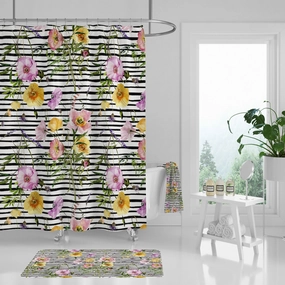 Floral Shower Curtain | Poppie Black White Stripes Lighting,Home Lighting