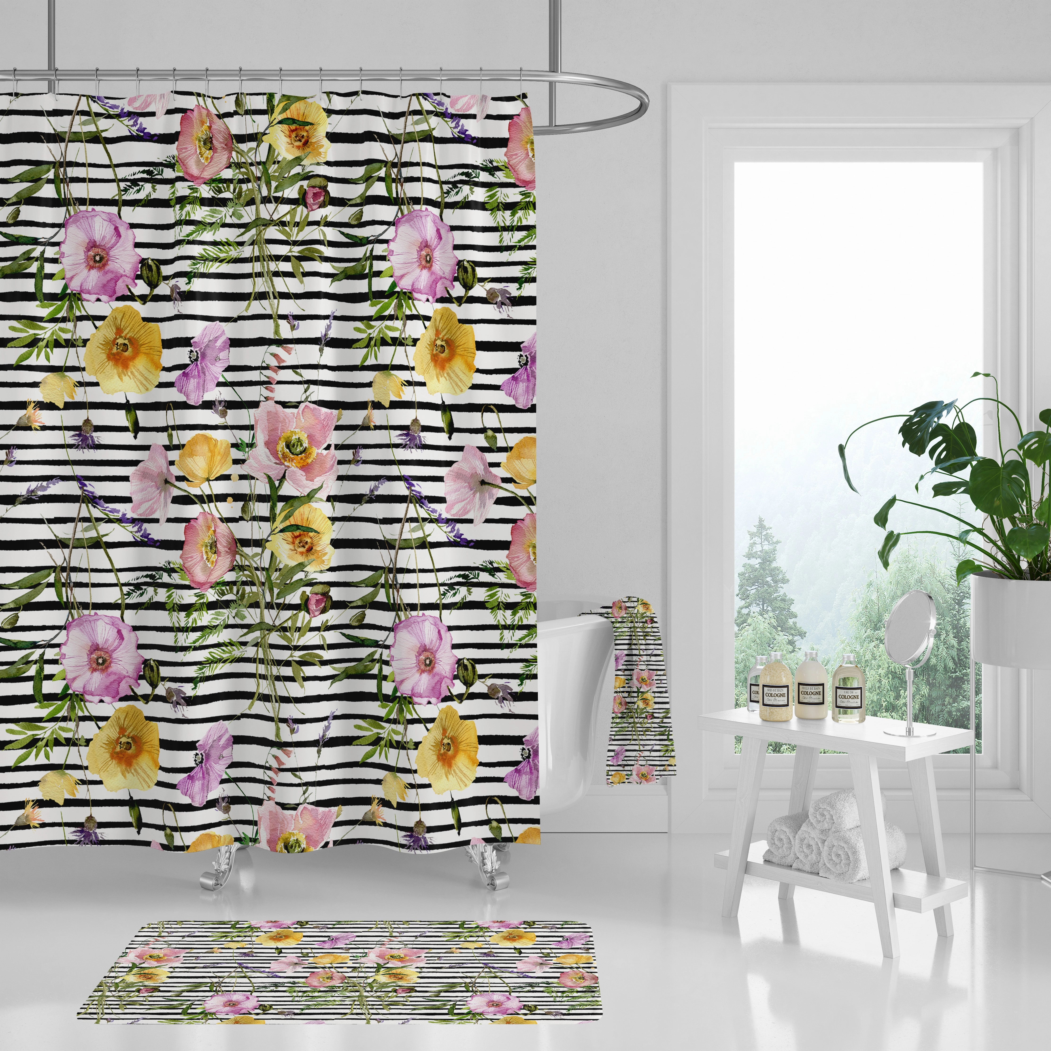 Floral Shower Curtain | Poppie Black White Stripes Lighting,Home Lighting