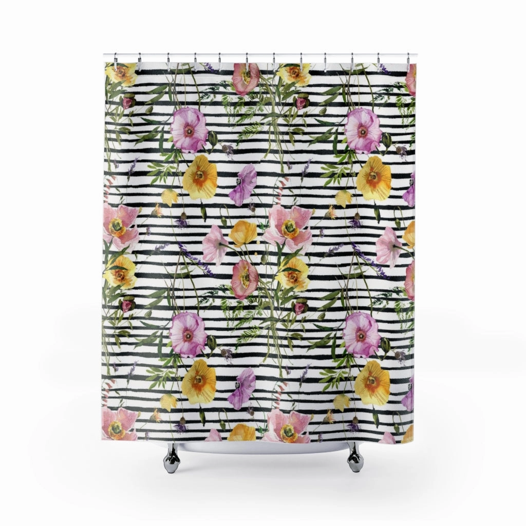 Floral Shower Curtain | Poppie Black White Stripes
