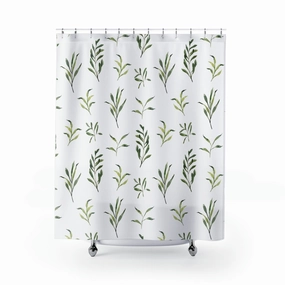 Floral Shower Curtain | Sage Green Leaves, White Lighting,Home Lighting