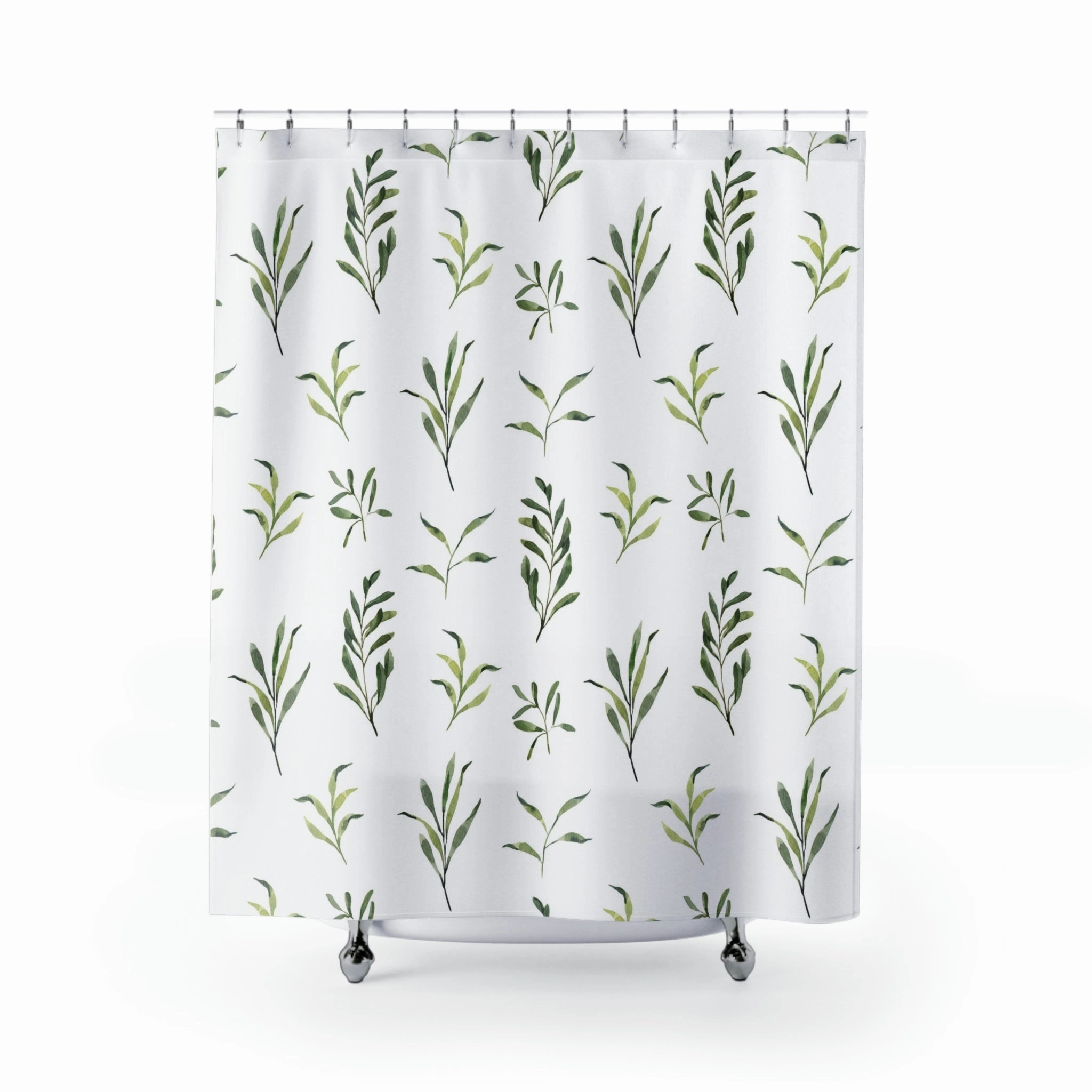 Floral Shower Curtain | Sage Green Leaves, White Lighting,Home Lighting
