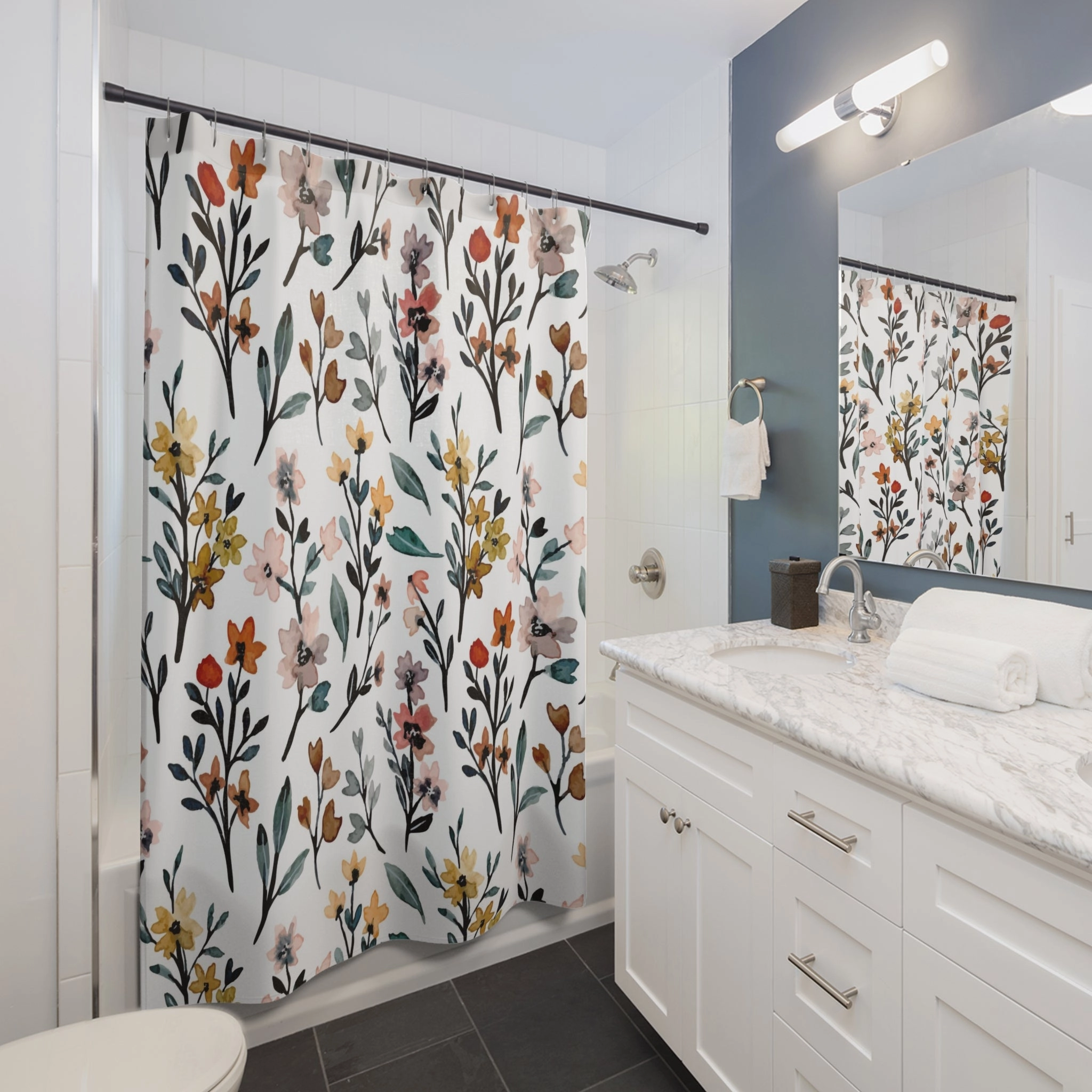 Floral Shower Curtain | White Blue Pink Botanical