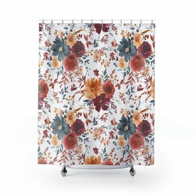 Floral Shower Curtain | White Cobalt Navy Blue Red  Botanical Lighting,Home Lighting