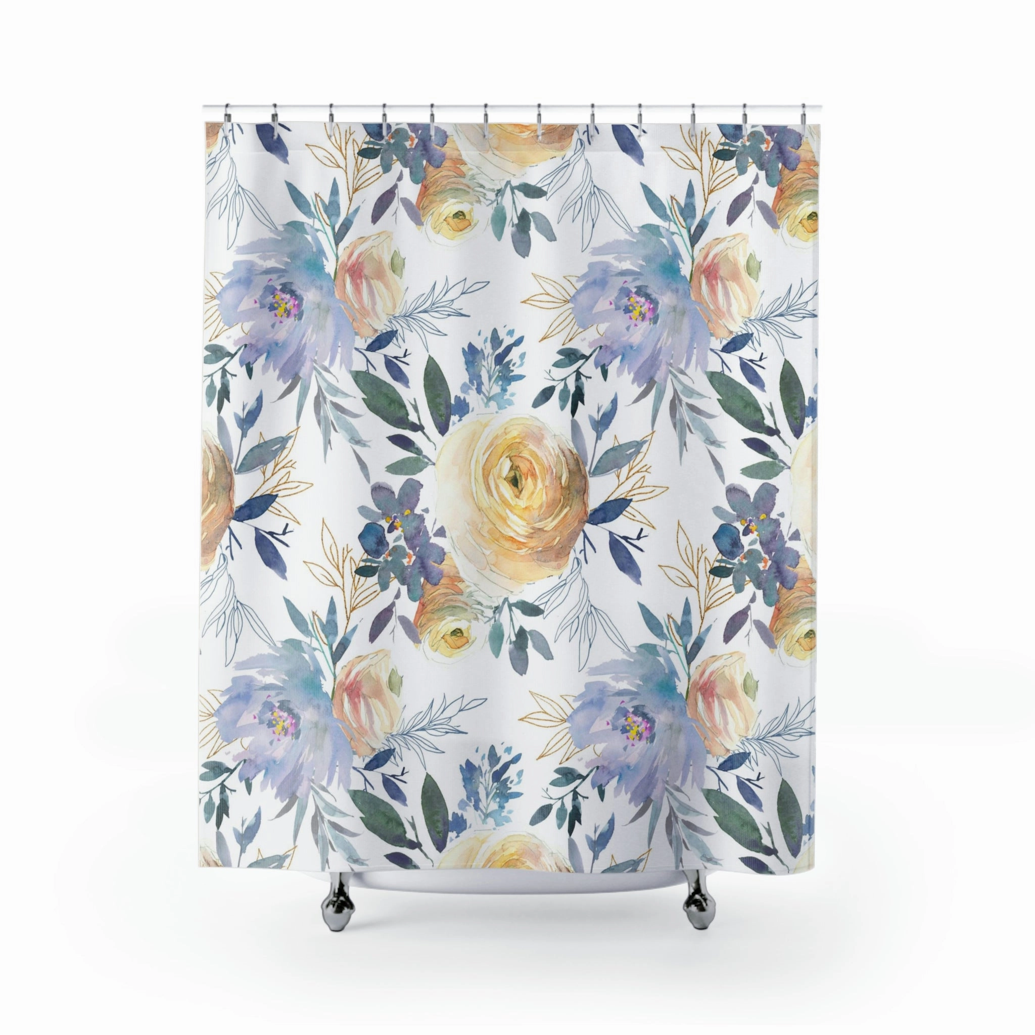 Floral Shower Curtain | White Pale Blue, Beige Yellow Peonies Lighting,Home Lighting
