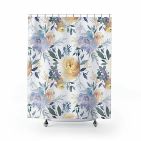 Floral Shower Curtain | White Pale Blue, Beige Yellow Peonies Lighting,Home Lighting