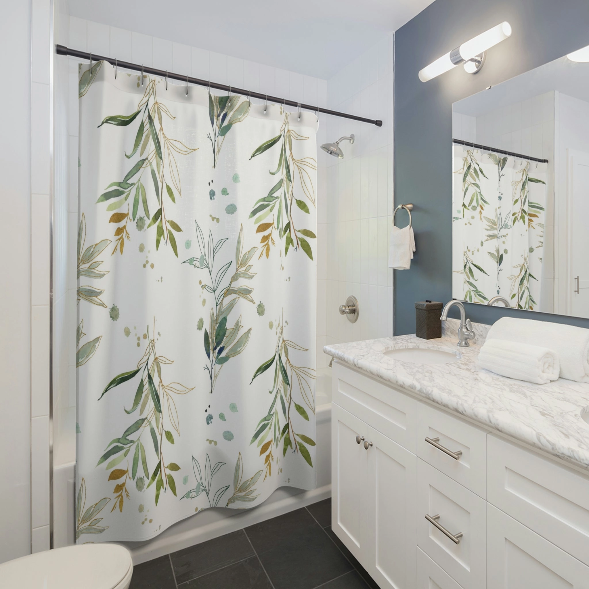 Floral Shower Curtain | White Sage Green Beige
