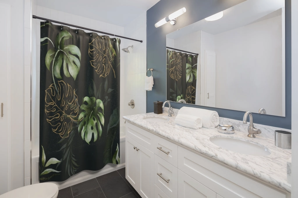 Floral Shower Curtain, Green Gold, Monstera