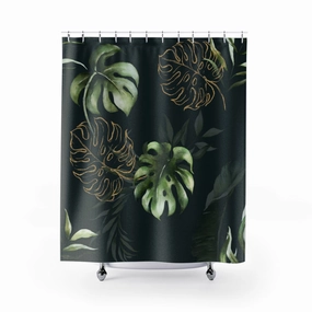 Floral Shower Curtain, Green Gold, Monstera Lighting,Home Lighting