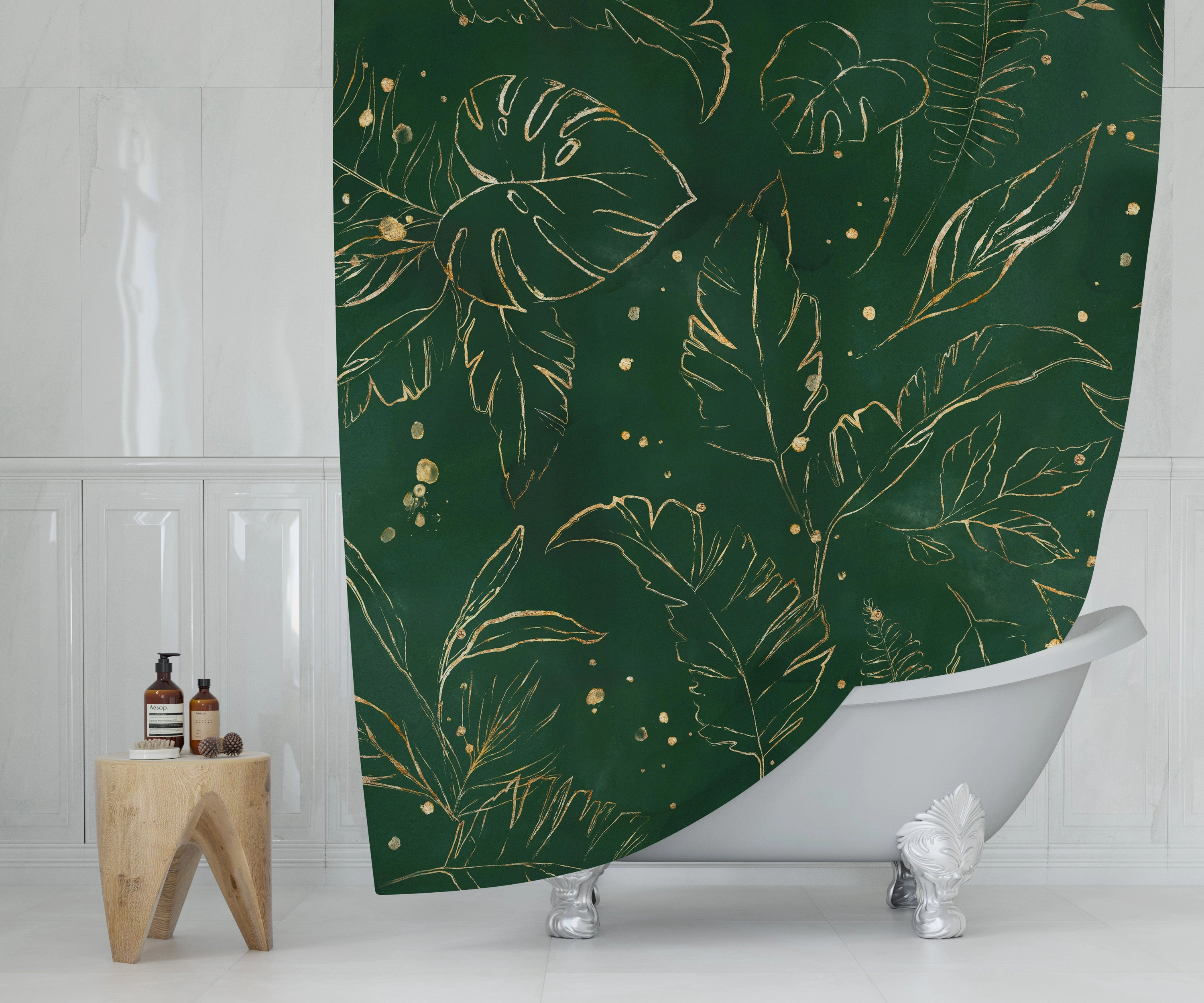 Floral Shower Curtains | Green Beige Monstera Lighting,Home Lighting