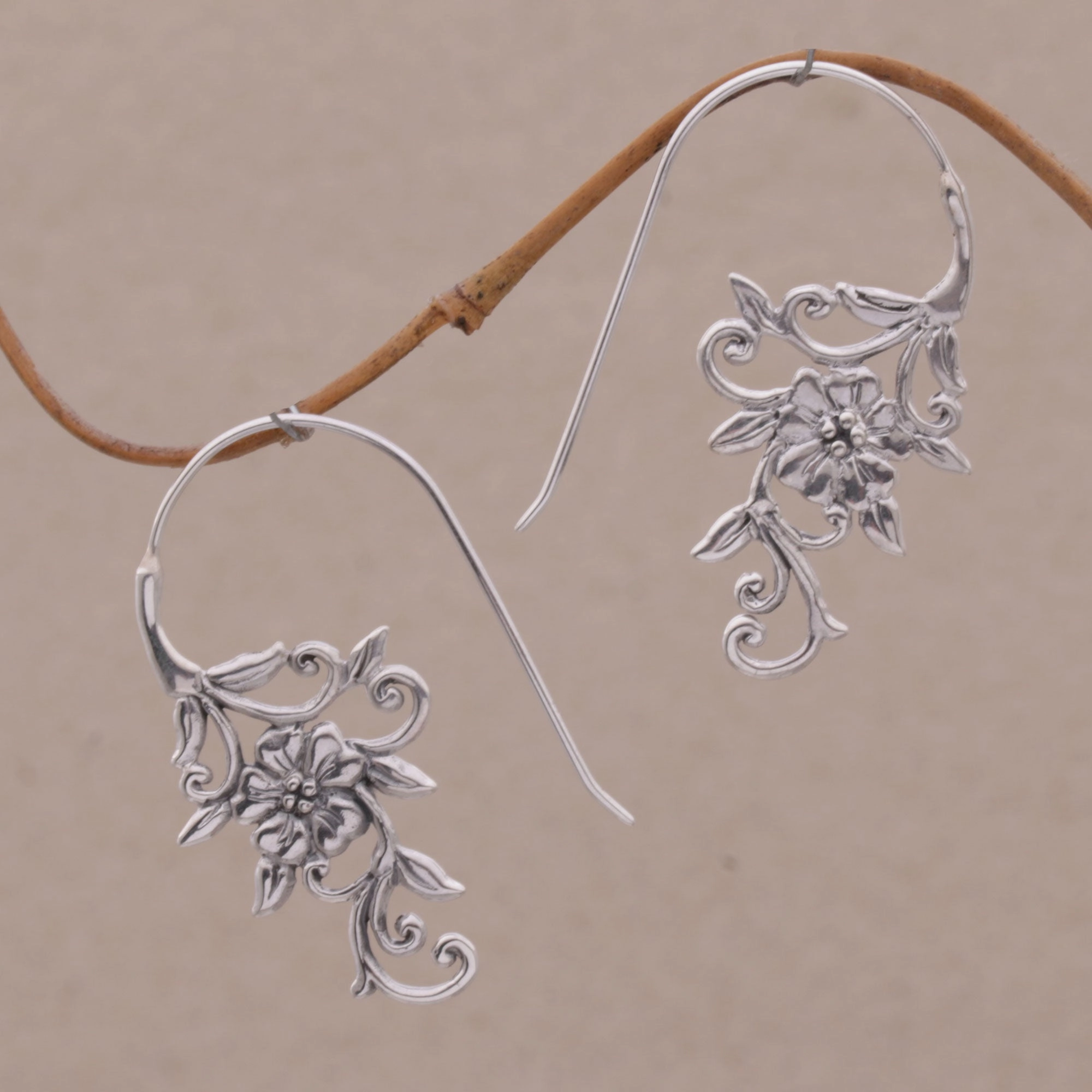 Floral Vines Indonesian Handmade Sterling Silver Flower Drop Earrings