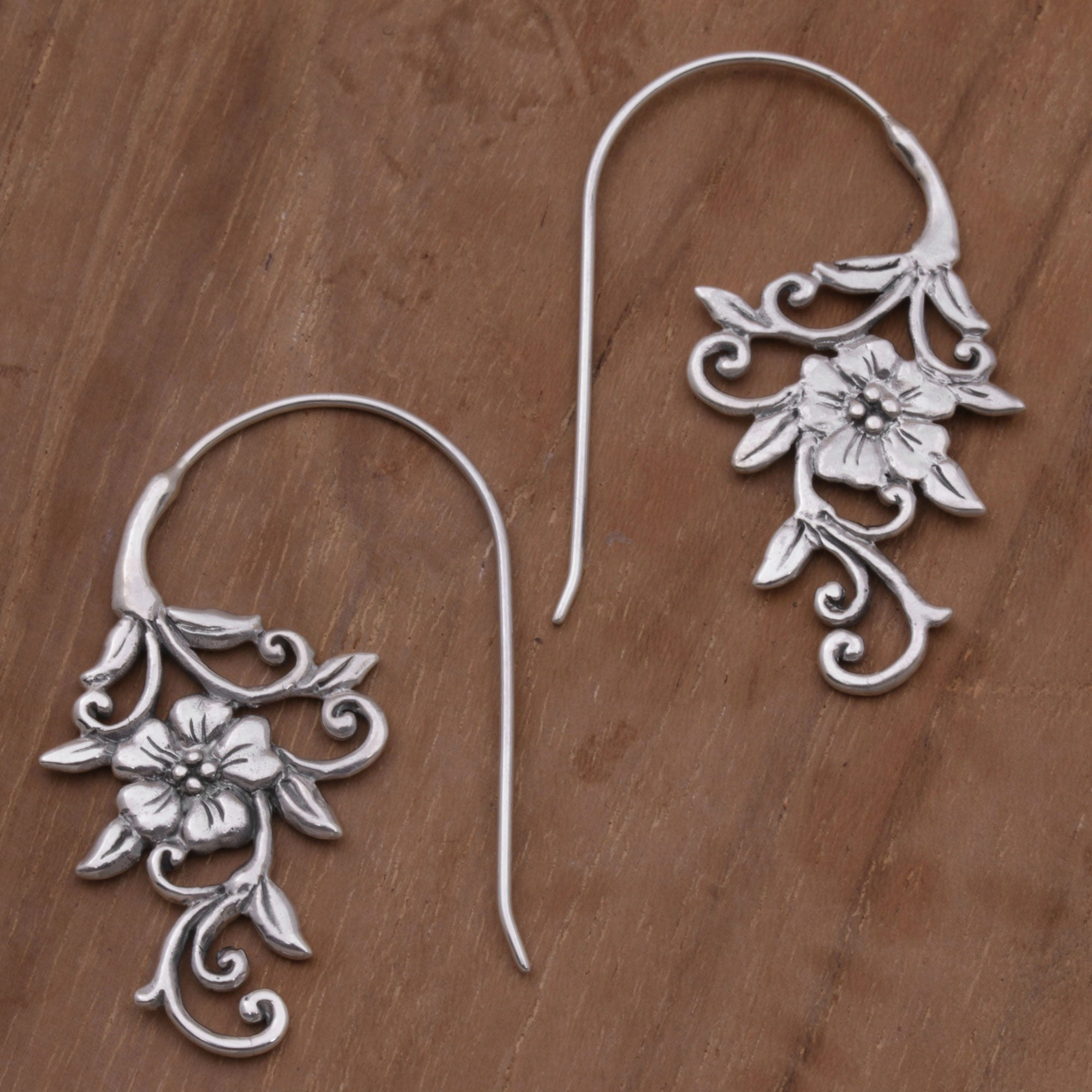 Floral Vines Indonesian Handmade Sterling Silver Flower Drop Earrings