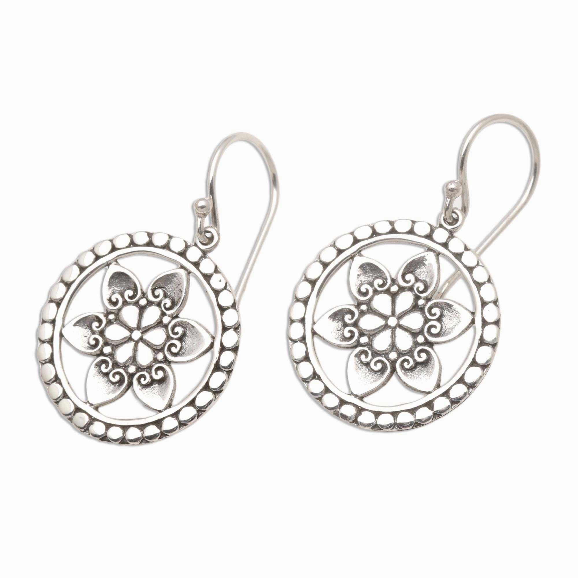 Flower Wheels Floral Sterling Silver Dangle Earrings
