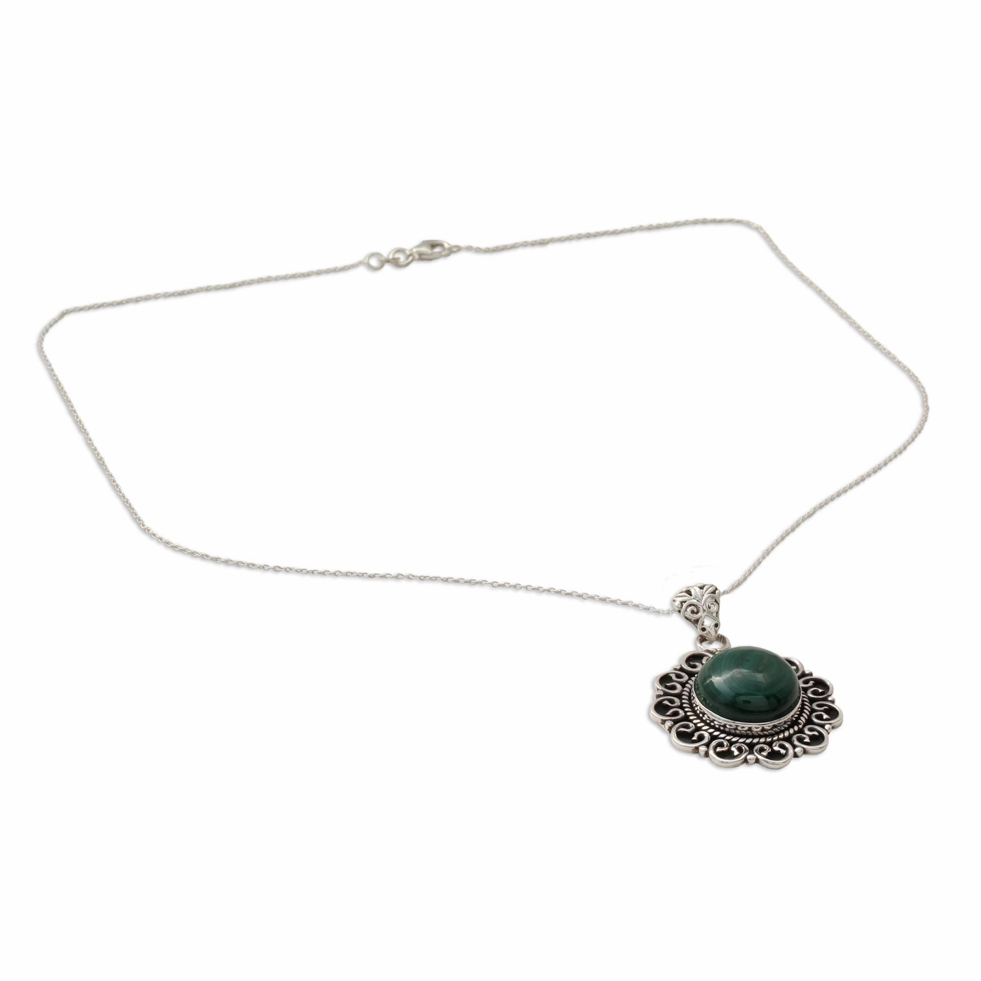 Forest Reverie Natural Malachite Pendant Necklace in 925 Sterling SIlver