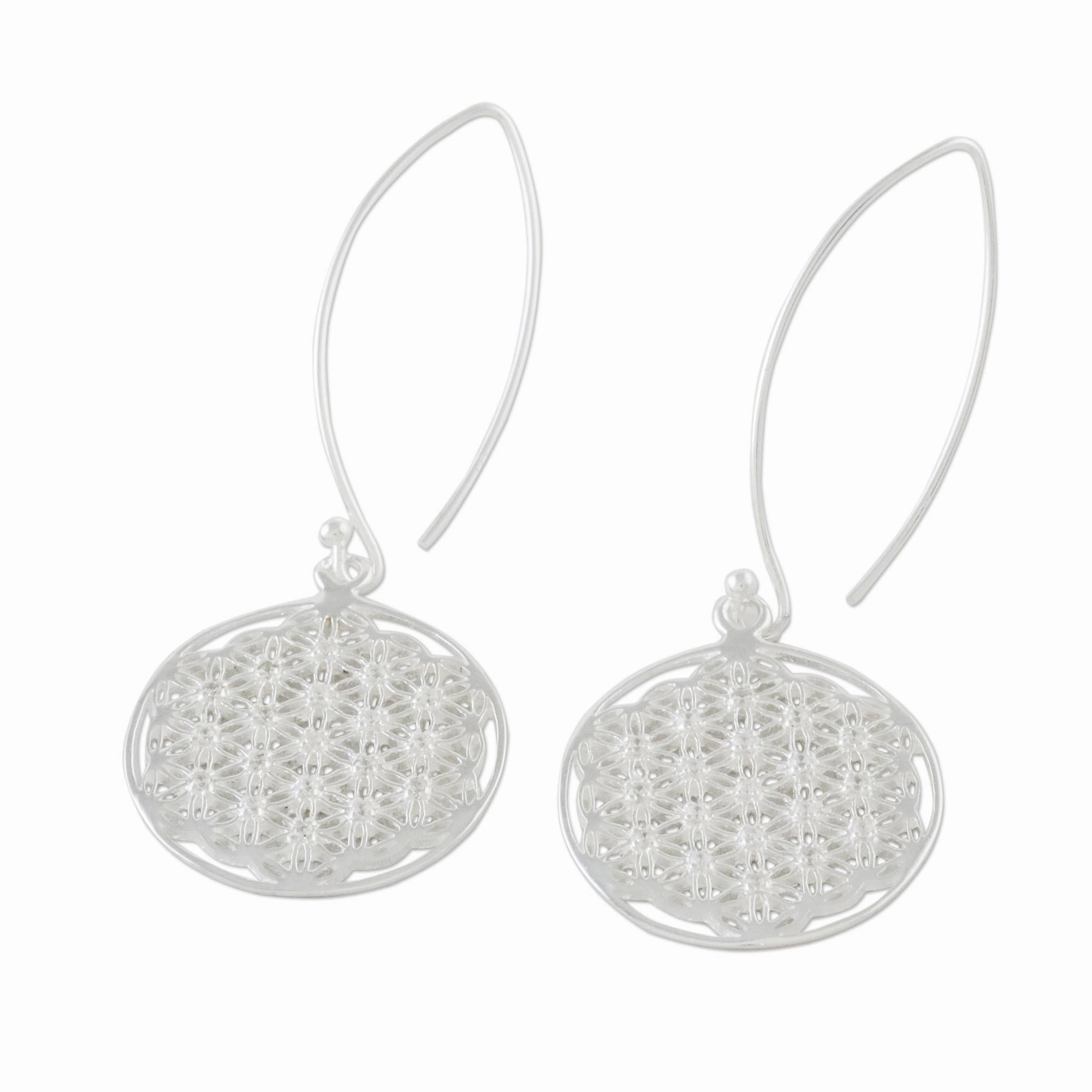 Fractal Circle Thai Sterling Silver and Cubic Zirconia Dangle Earrings