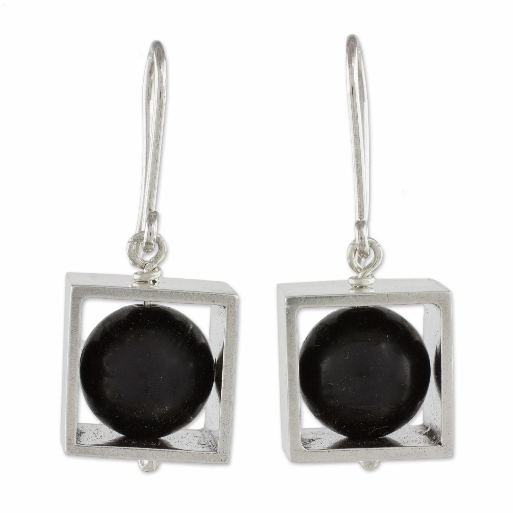 Frames Square Sterling Silver Frame with Onyx Orb Dangle Earrings