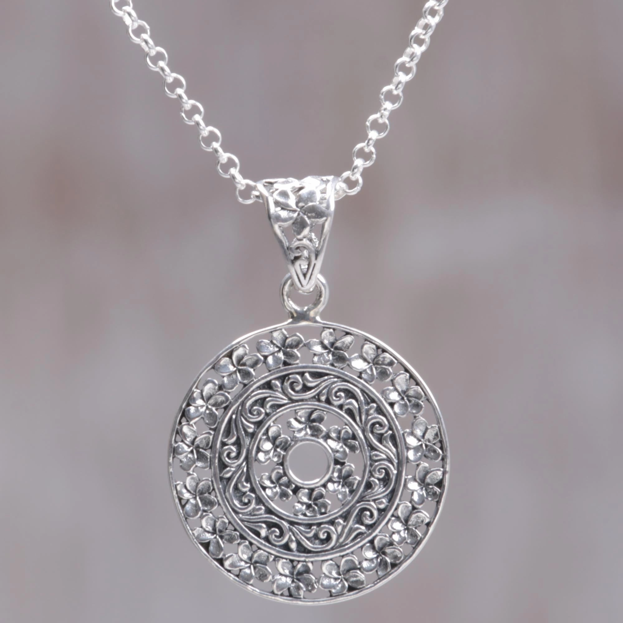 Frangipani Altar Circular Floral Sterling Silver Pendant Necklace Indonesia