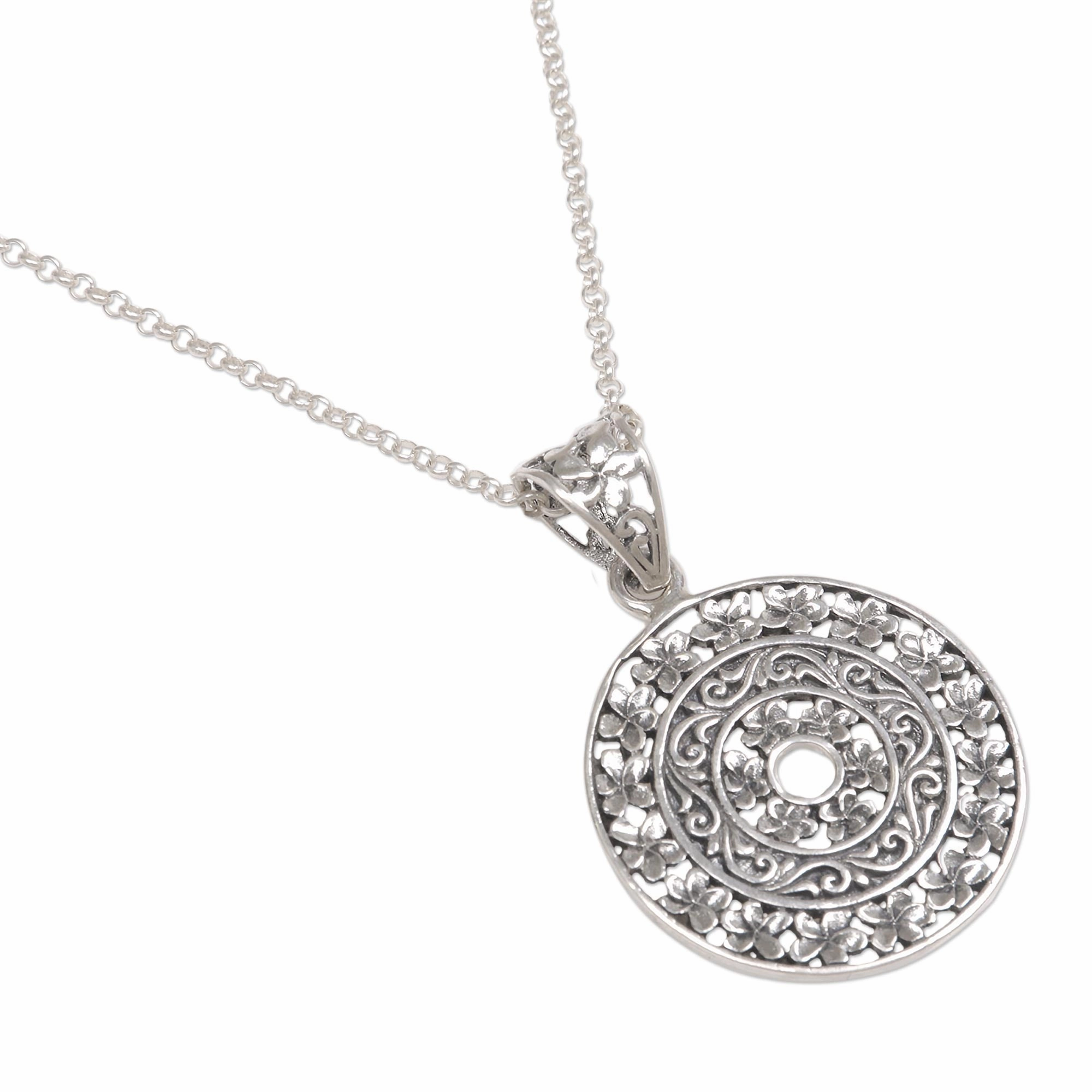 Frangipani Altar Circular Floral Sterling Silver Pendant Necklace Indonesia