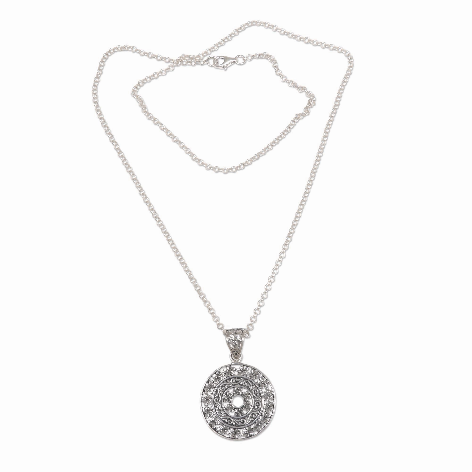Frangipani Altar Circular Floral Sterling Silver Pendant Necklace Indonesia