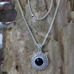 Frangipani Secrets Floral Sterling Silver and Onyx Pendant Necklace