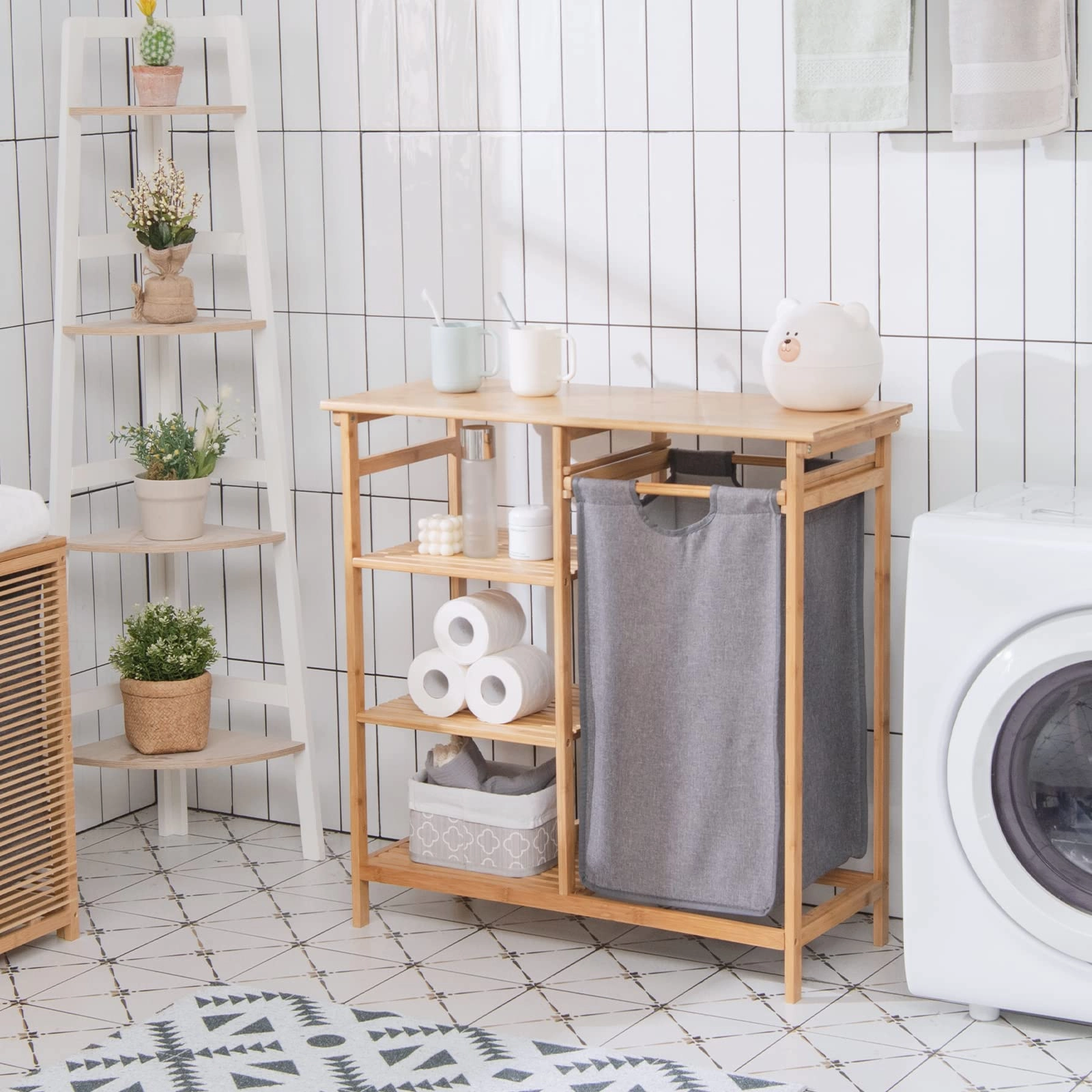 Freestanding Laundry Organizer w/ Removable Sliding Bag & 3-Tier Open Shelves