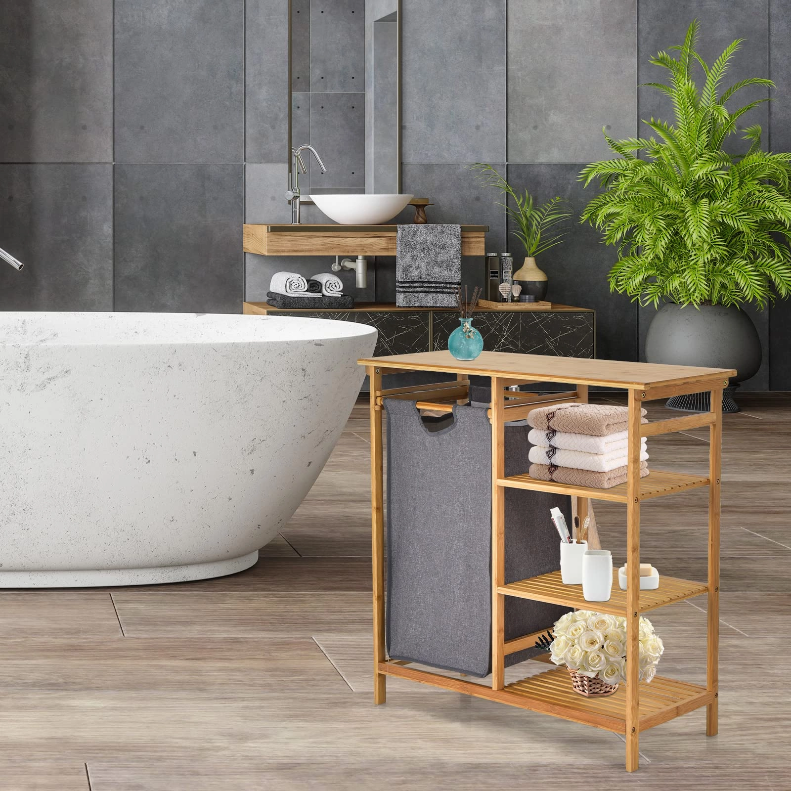 Freestanding Laundry Organizer w/ Removable Sliding Bag & 3-Tier Open Shelves