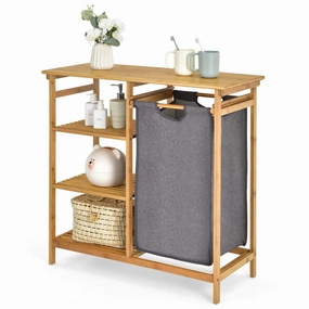 Freestanding Laundry Organizer w/ Removable Sliding Bag & 3-Tier Open Shelves bathroom storage cabinet, over toilet storage